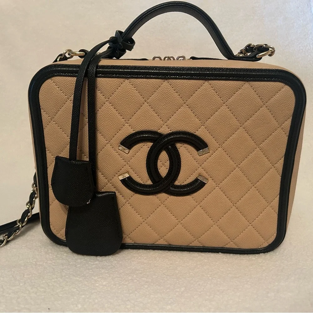CHANEL Large Filigree Tan and Black Quilted Caviar Women's Bag - Picture 2 of 11